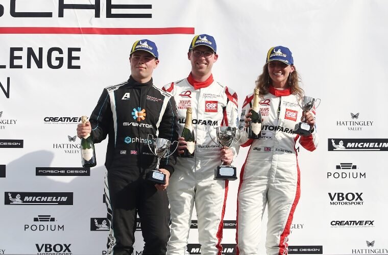 GSF Clean Racing extends Porsche championship lead with more podium success at Brands Hatch 5 Matt Kyle Henney and Aimee Watts Clean Racing podium credit JEP 1